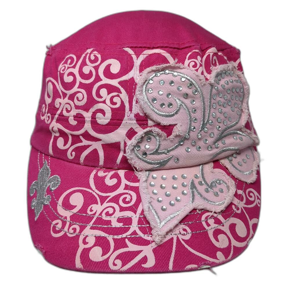 Pink Army Cap One Size Studded Rhinestone Butterfly Scroll Fleur-de-lis Hat